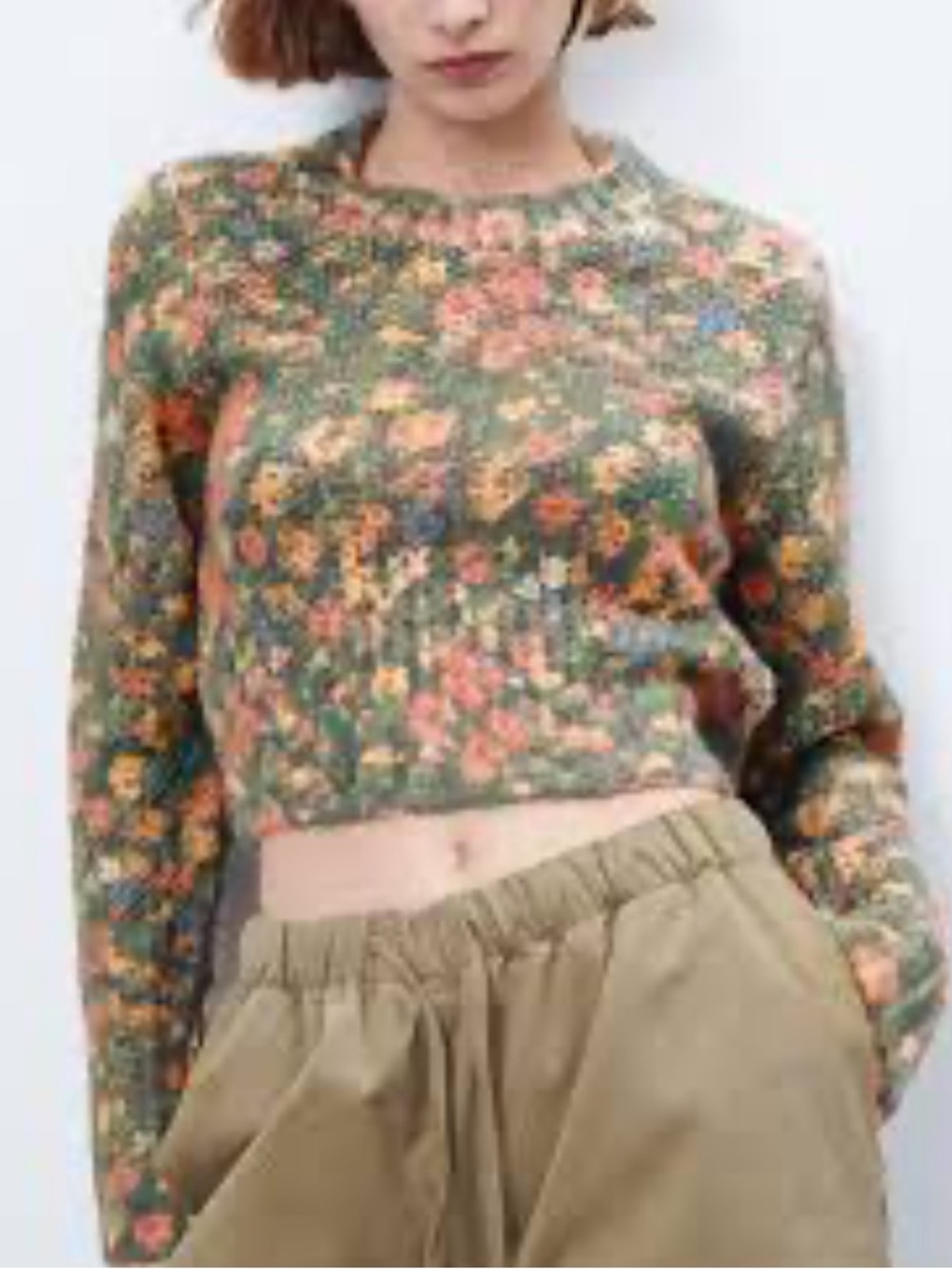 Zara Green Multi Floral Knit Crewneck Sweater Médium